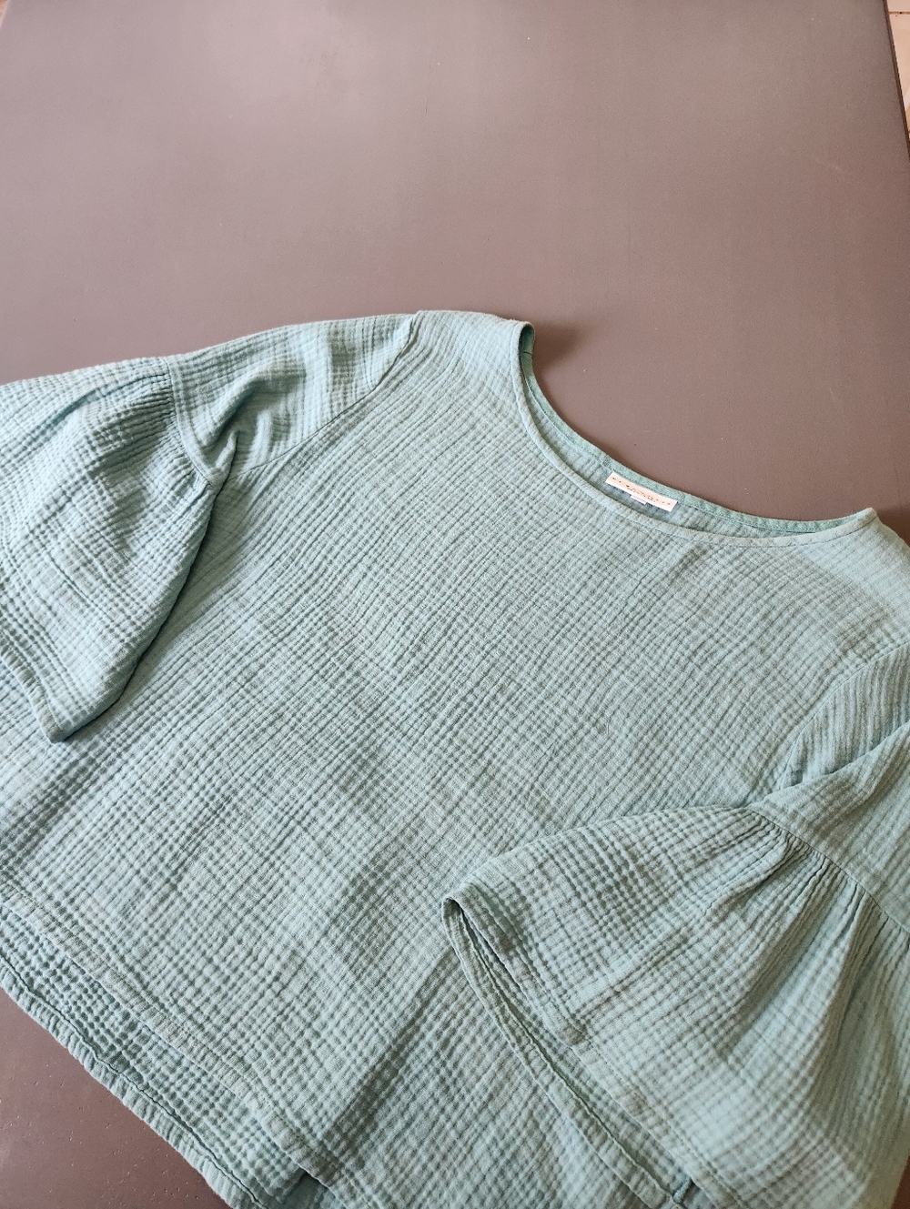 BRYN WALKER XL Top Frida Texture Cotton Gauze Cropped  3/4 Bell Sleeve Teal Blue